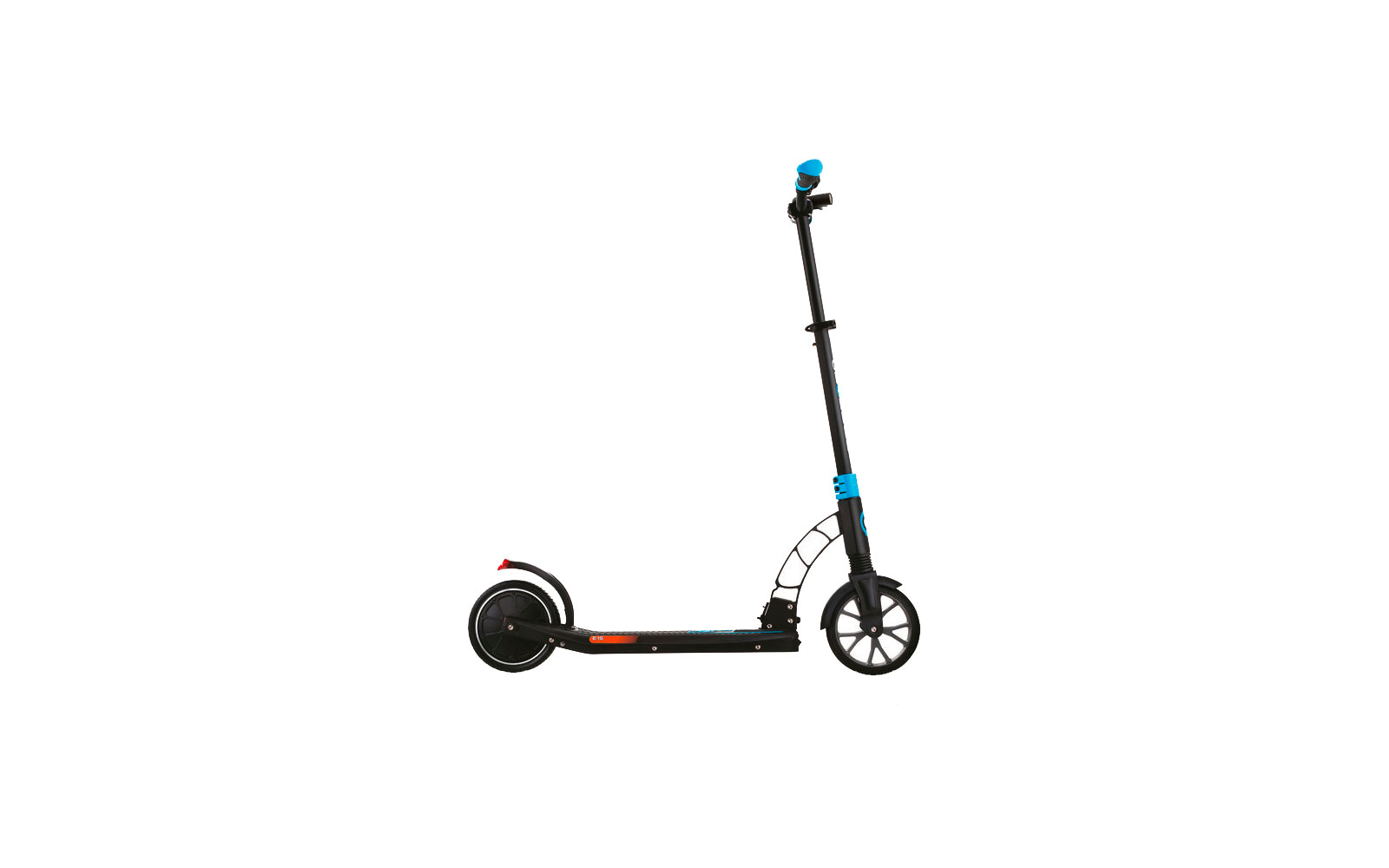 Schwarzer E-Scooter mit blauem Lenker auf weißem Hintergrund