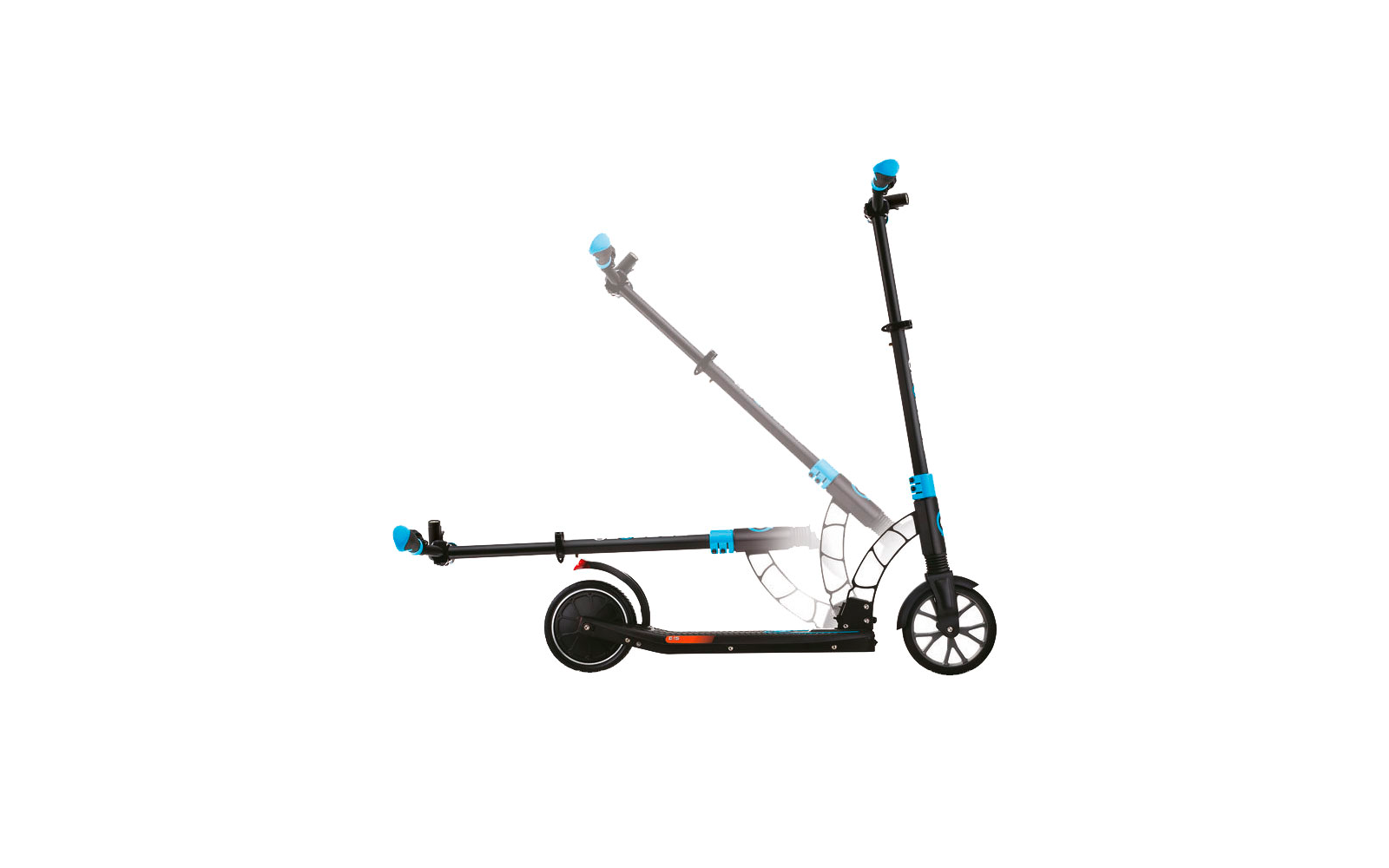 Schwarzer E-Scooter mit blauen Akzenten vor weißem Hintergrund