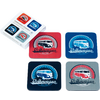 Four square coasters with Volkswagen logo in different colors and a packaging with four coasters