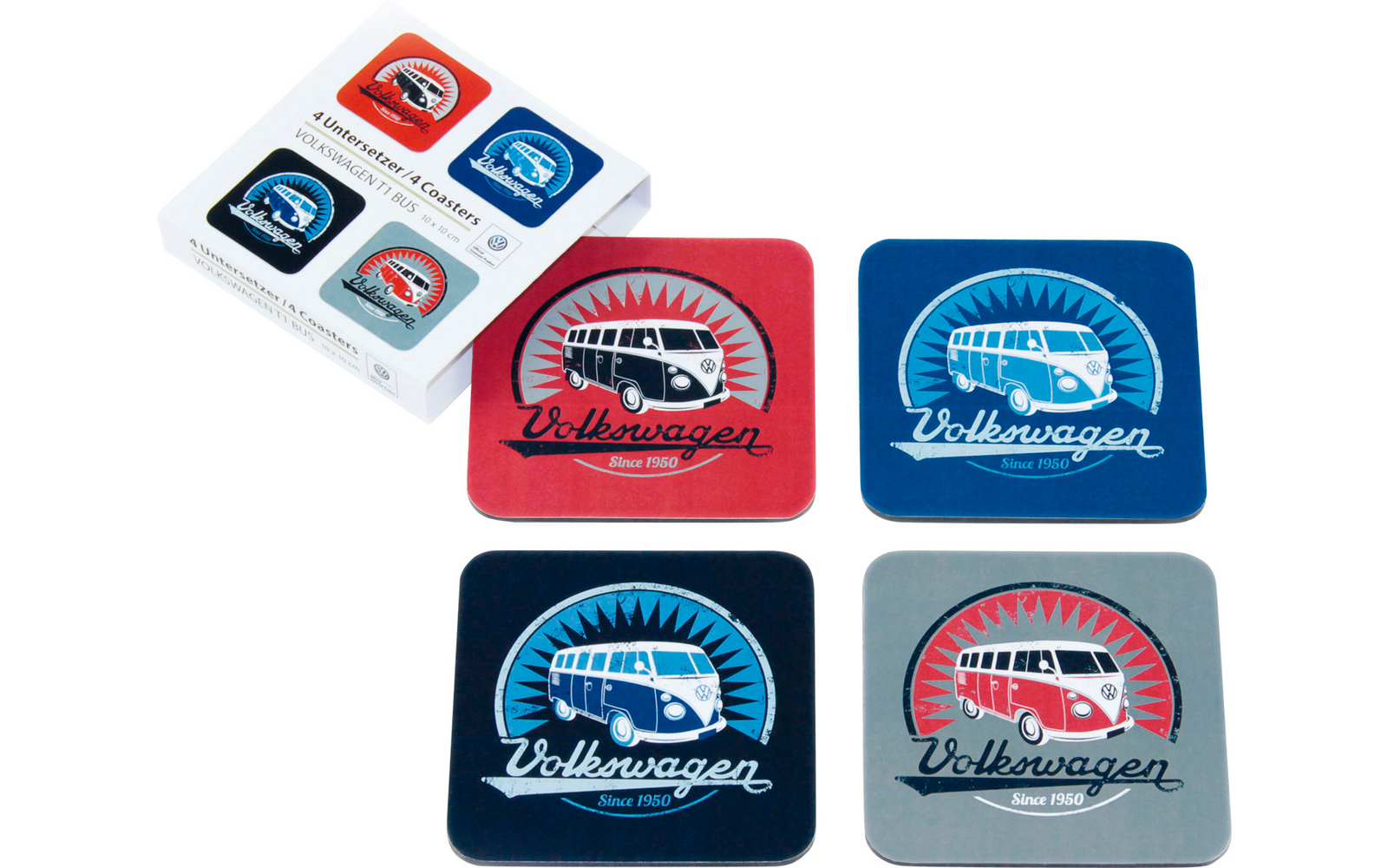 Four square coasters with Volkswagen logo in different colors and a packaging with four coasters