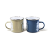 Two enamel mugs, one beige and one blue, placed side by side