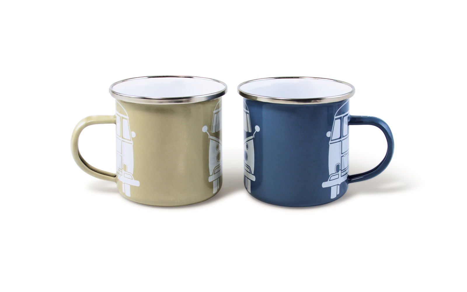 Two enamel mugs, one beige and one blue, placed side by side