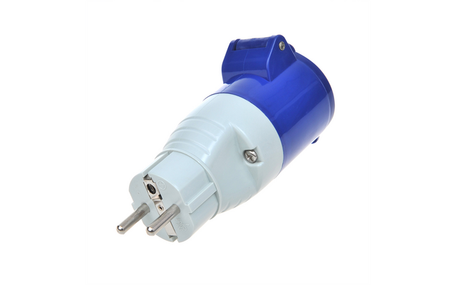 Weißer und blauer elektrischer Stecker mit zwei Stiften