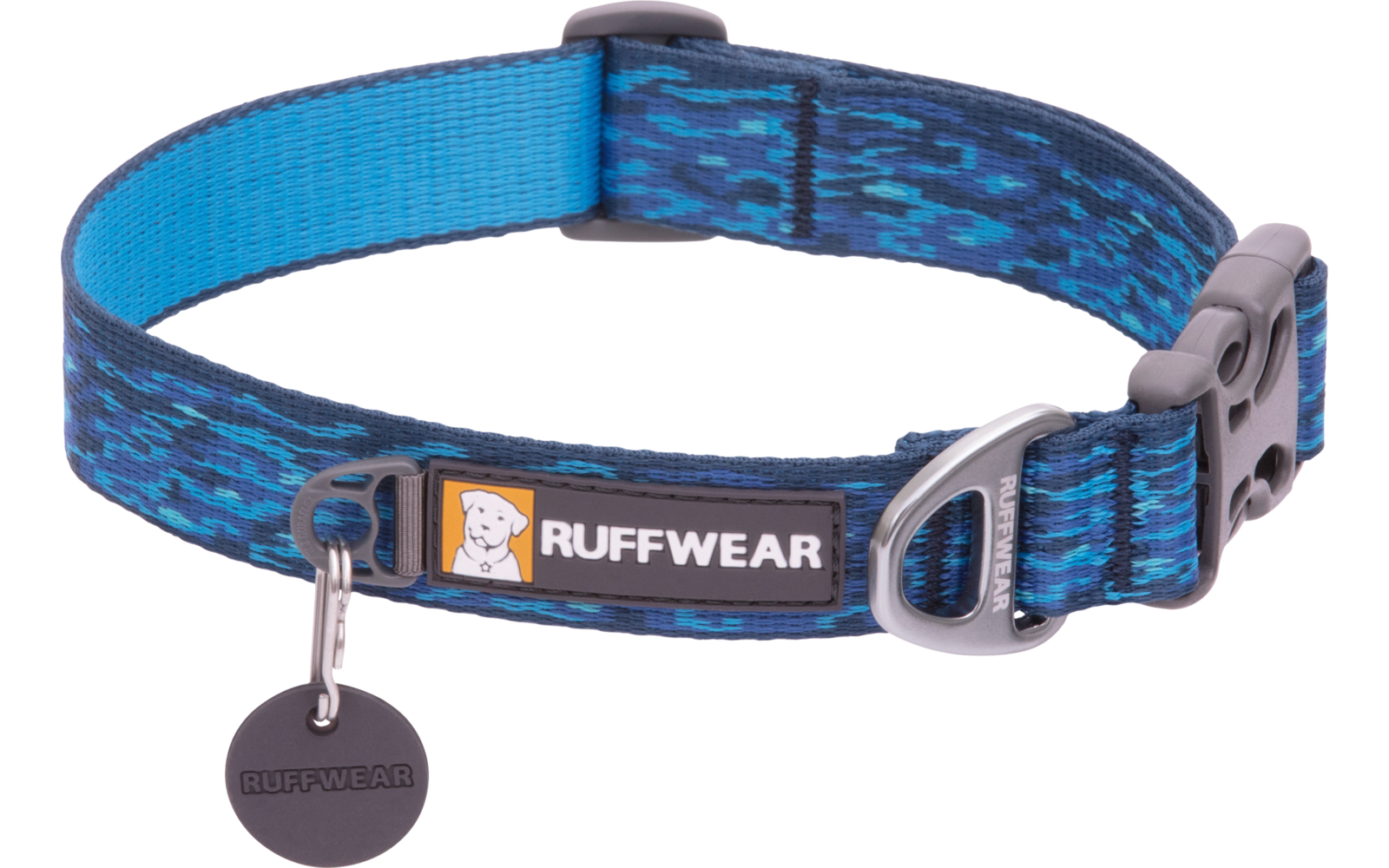 Collar azul para perro con patrón negro, cierre de plástico y anillo metálico con etiqueta