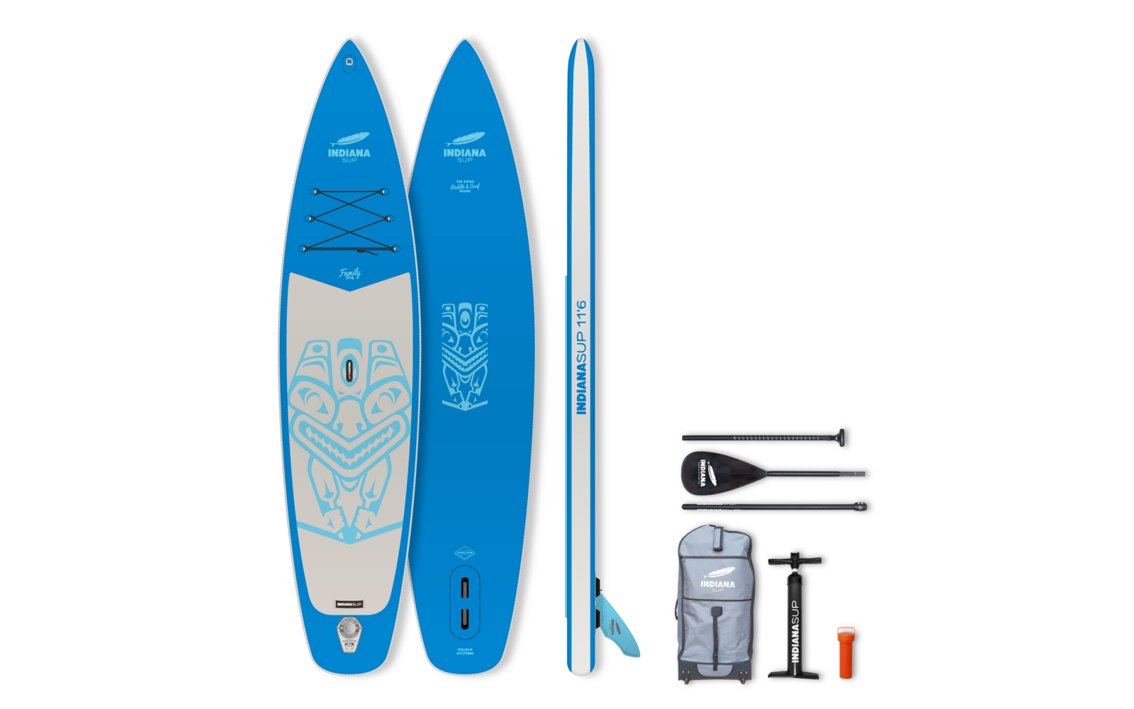 Blaues Stand-up-Paddle-Board mit Pumpe, Tasche und Verbindungsschlauch, von vorne, seitlich und in der Nahaufnahme