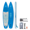 Blaues Stand-up-Paddle-Board mit Pumpe, Tasche und Verbindungsschlauch, von vorne, seitlich und in der Nahaufnahme