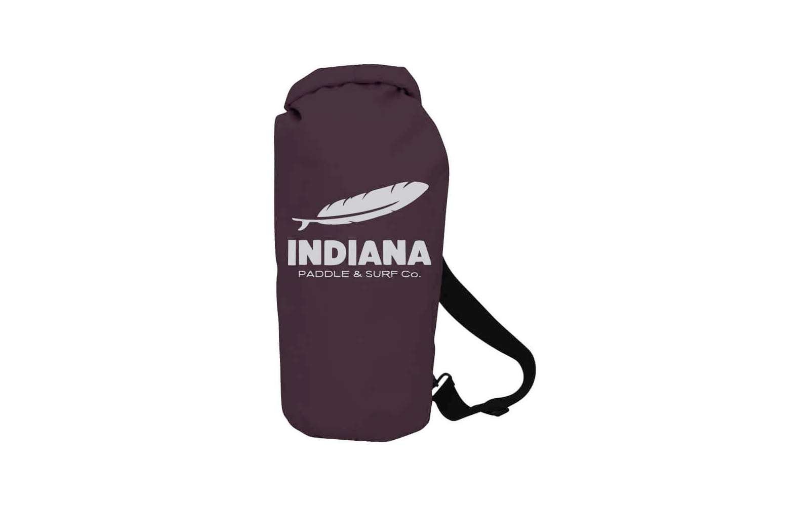 Dunkelvioletter Packsack mit einem weißen Feder-Logo und dem Schriftzug 'INDIANA PADDLE & SUP CO.'