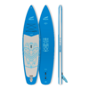 Blaues Stand-Up-Paddle-Board mit weißen und grauen Verzierungen, Vorder- und Rückseite sowie Seitenansicht