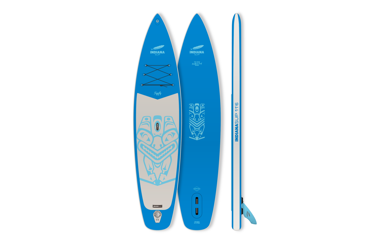 Blaues Stand-Up-Paddle-Board mit weißen und grauen Verzierungen, Vorder- und Rückseite sowie Seitenansicht