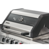 Closed stainless steel and black gas grill with control knobs in front