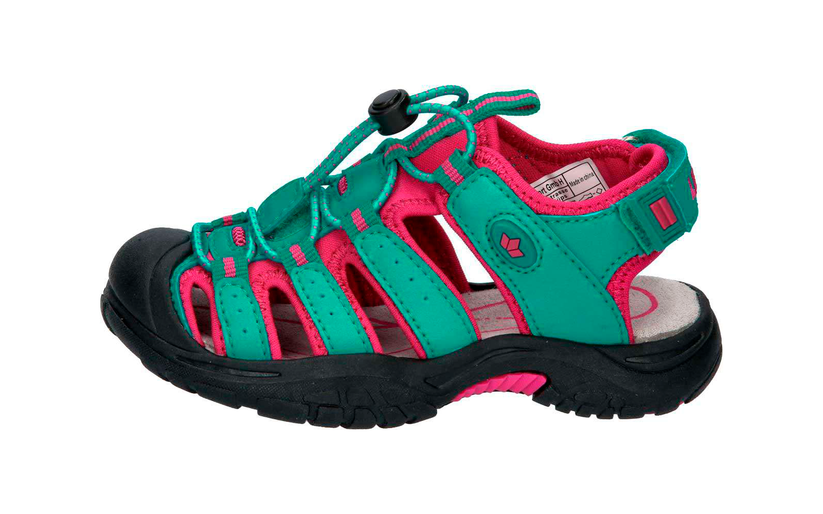 Grüner und rosa Sportsandale mit schwarzer Sohle