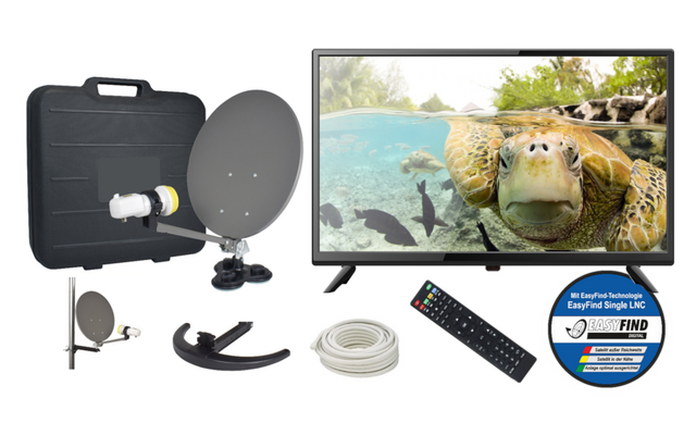 Antennen-Set mit Satellitenschüssel, Schrauben, Kabel, Fernbedienung und Anleitung vor weißem Hintergrund