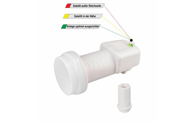 weißes Satelliten-LNB mit Beschriftungen und kleinem Zusatzteil