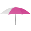 An open umbrella with two white and two pink panels