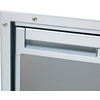 Close-up of a gray mailbox with a silver frame and handle