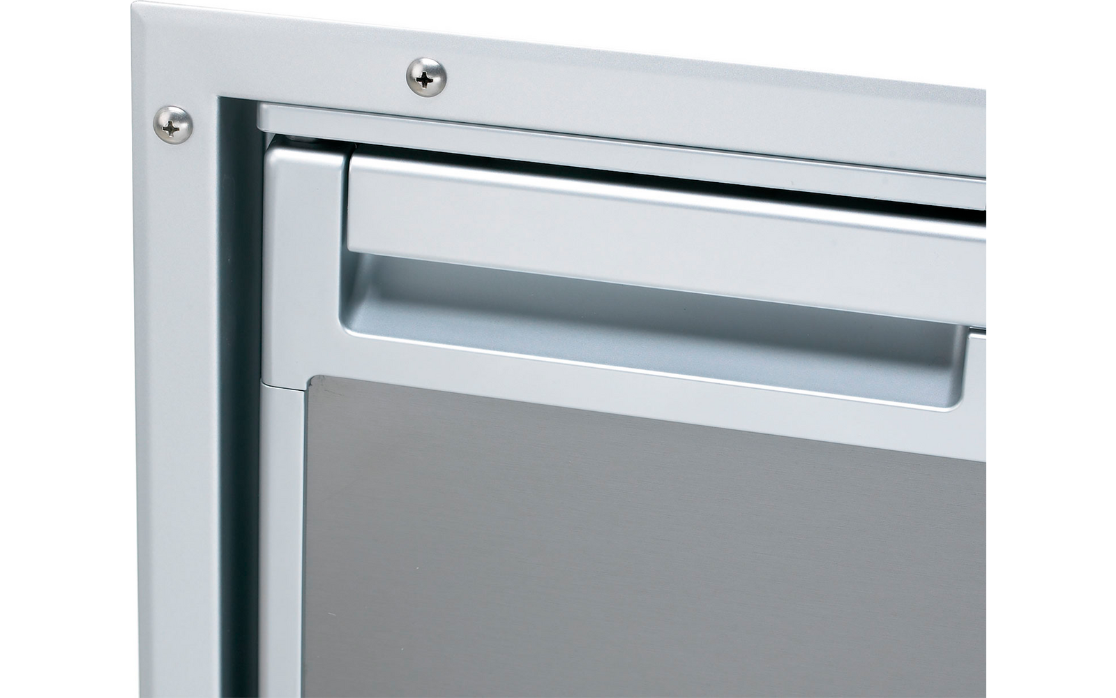 Close-up of a gray mailbox with a silver frame and handle