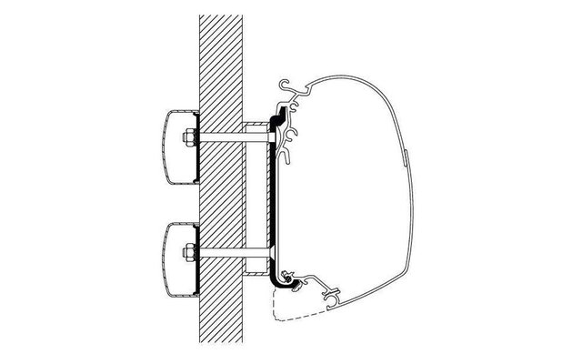 Technische Zeichnung einer Seitenansicht eines Bauteils mit zwei Befestigungselementen an einer vertikalen Oberfläche