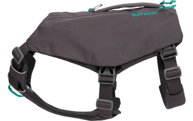 Gray and black dog harness with adjustable straps and plastic buckles