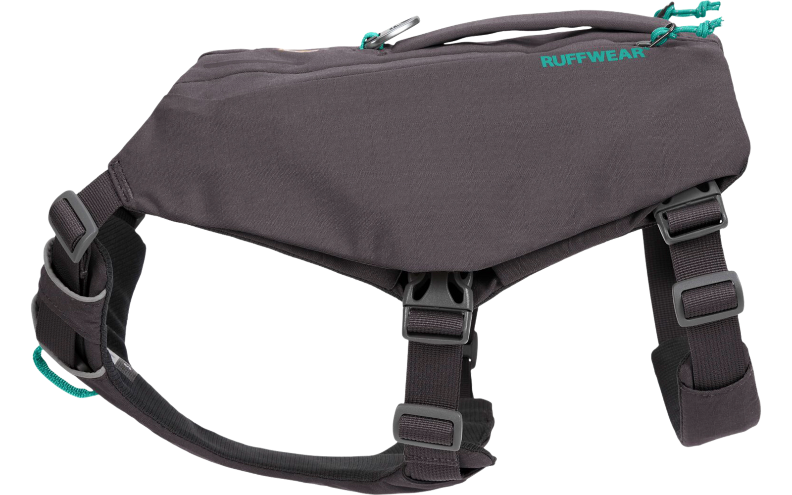 Gray and black dog harness with adjustable straps and plastic buckles