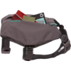 Gray-black waist bag with two zipper compartments containing visible cards