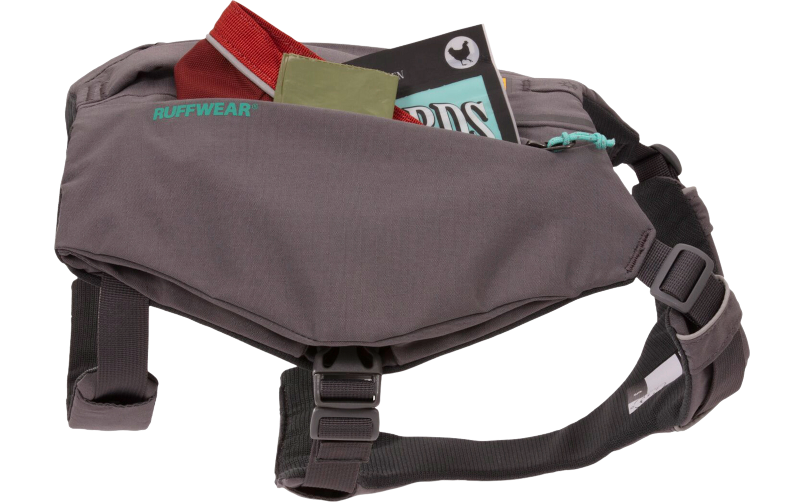 Gray-black waist bag with two zipper compartments containing visible cards