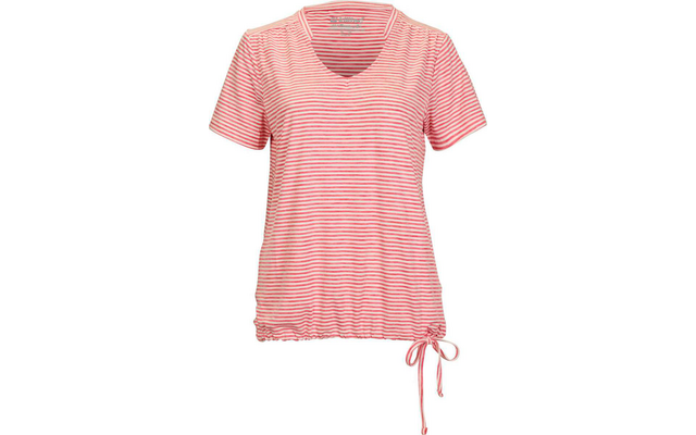 Rotes und weiß gestreiftes Damen-T-Shirt mit V-Ausschnitt und Kordelzug am Saum