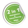 Grünes rundes Etikett mit weißer Schrift: 2 in 1, Desinfektion, Konservierung, WME