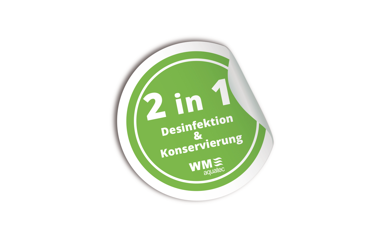 Grünes rundes Etikett mit weißer Schrift: 2 in 1, Desinfektion, Konservierung, WME