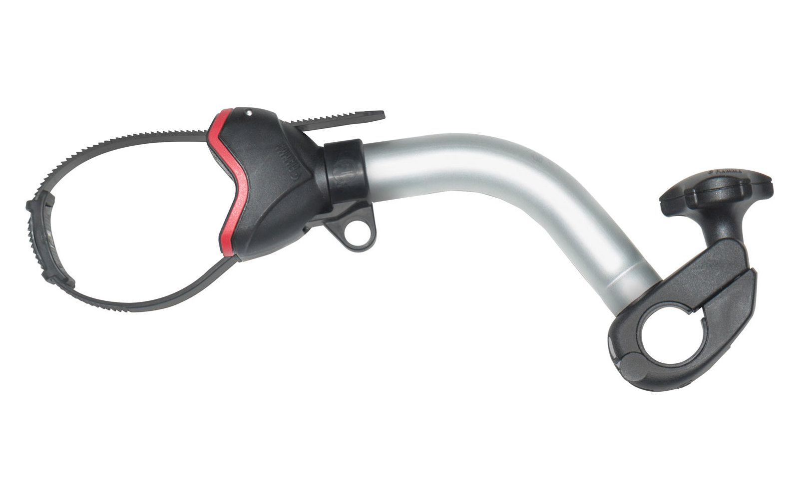 Metallischer Fahrradhalter mit schwarzem und rotem Kunststoffteil