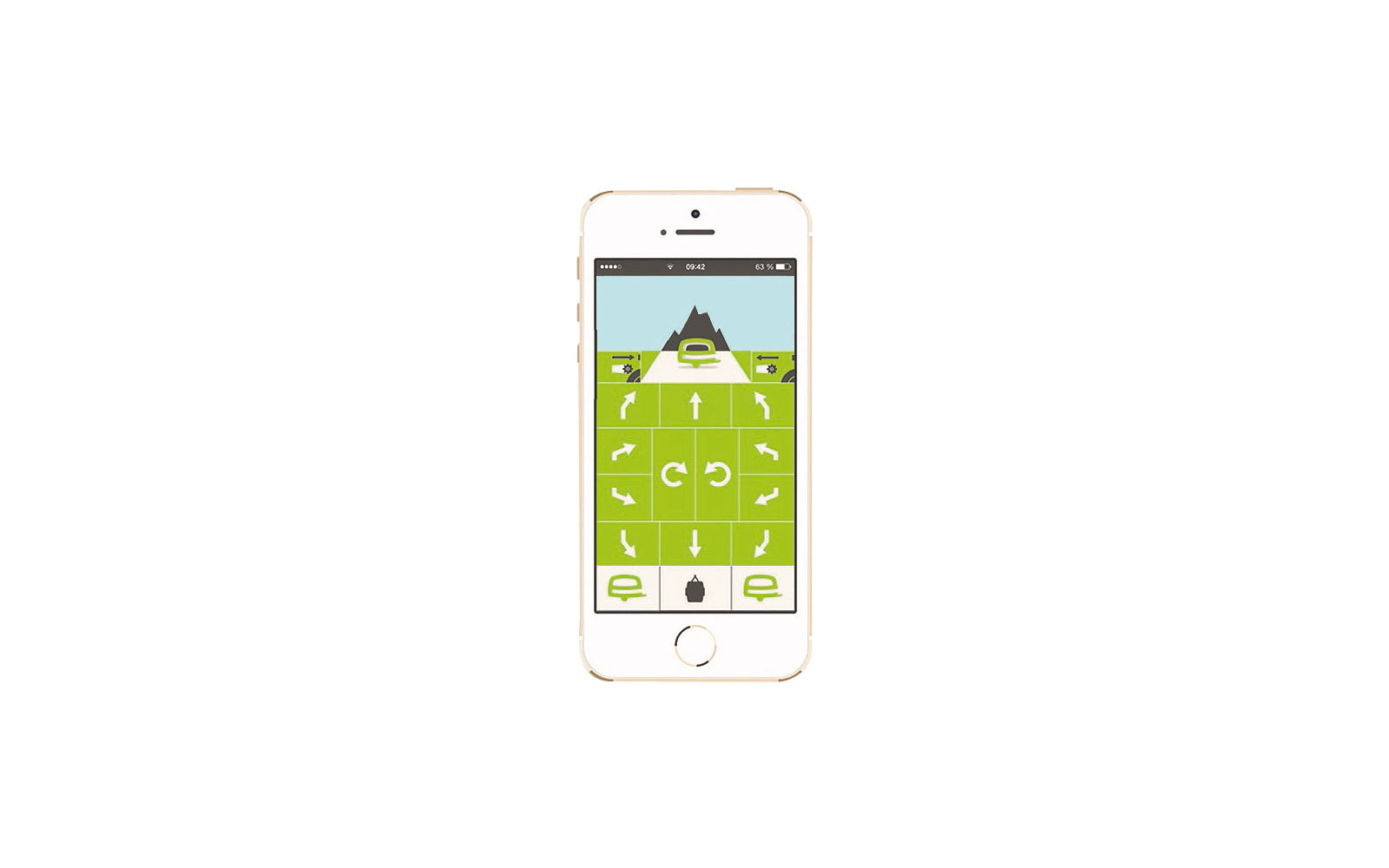 Smartphone zeigt ein spielerisches Interface mit einem Vogel und Pfeilen zum Steuern