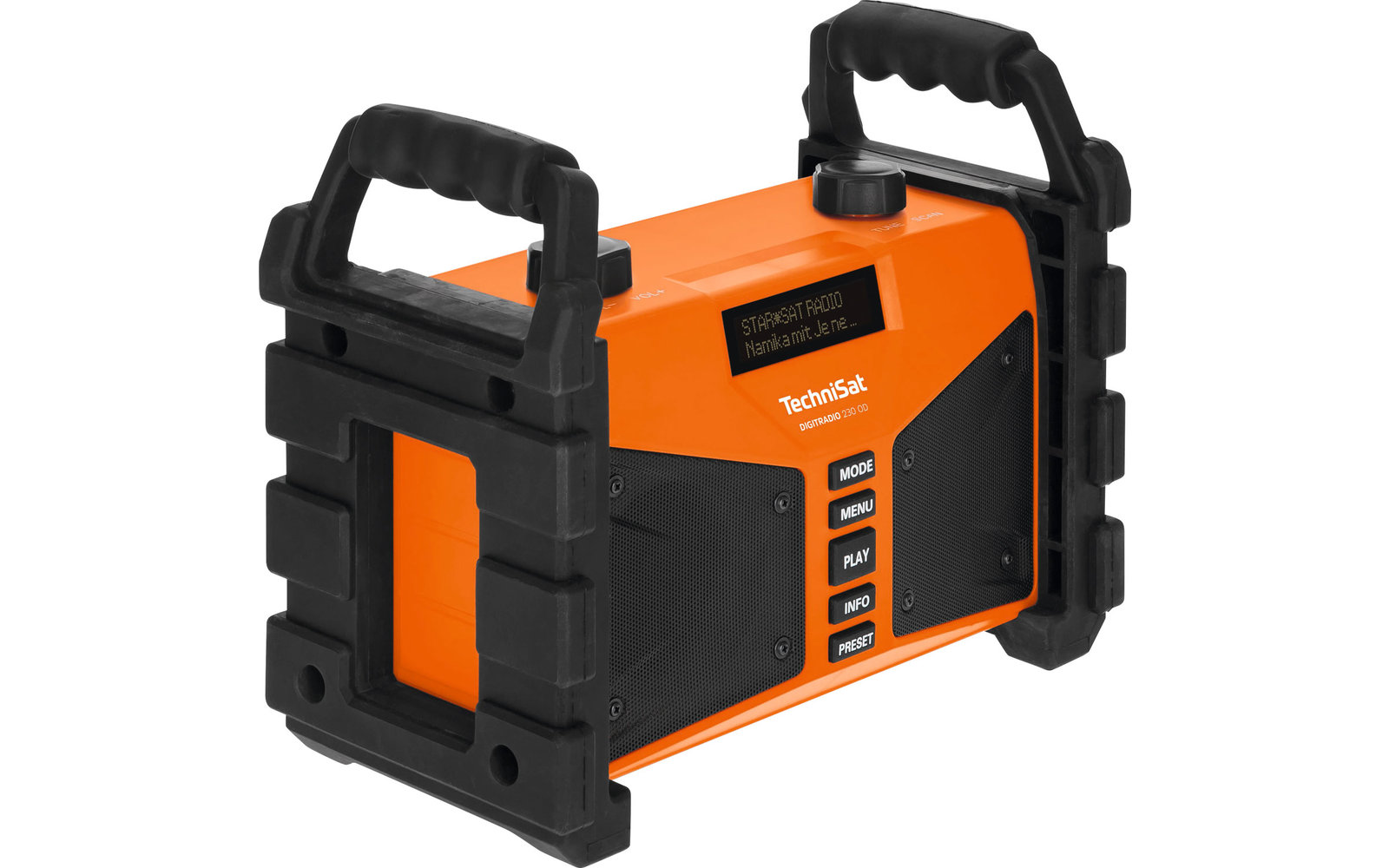 Oranger tragbarer Generator mit schwarzen Griffen und Bedienelementen
