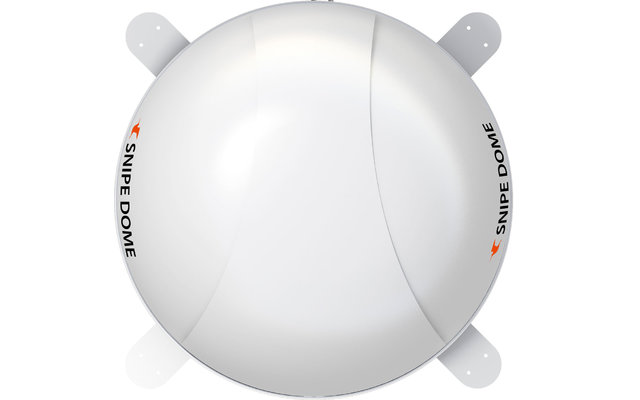 Weiße kugelförmige Kamera mit vier Befestigungshaltern und schwarzer Beschriftung