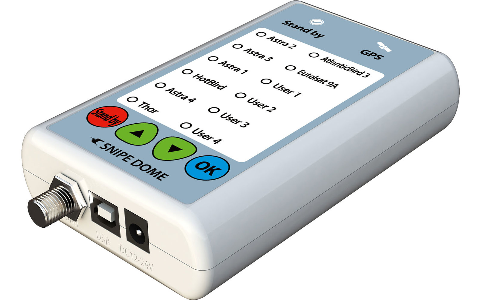 Weißes Messgerät mit Tasten und Anschlüssen auf weißem Hintergrund