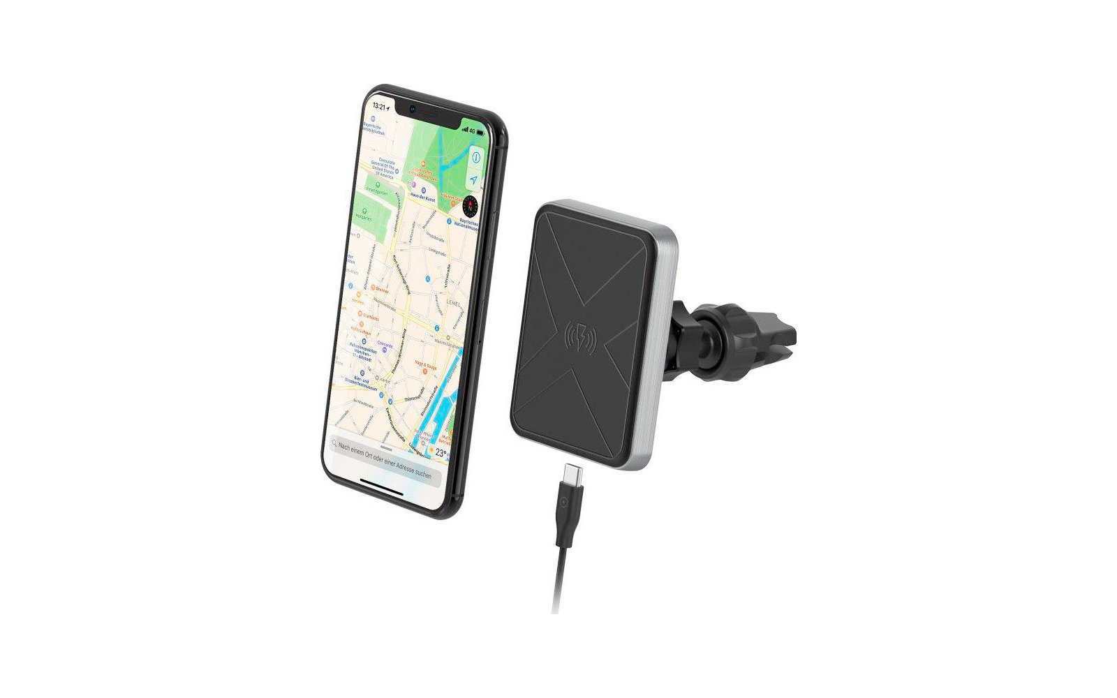 Smartphone displaying a navigation map next to a car vent-mounted charger