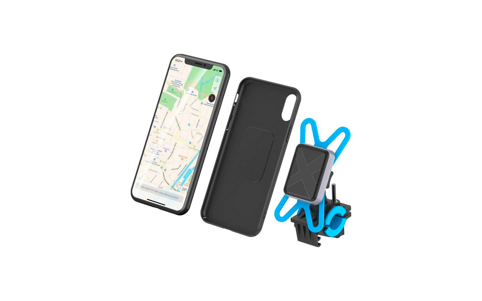 Smartphone mit geöffnetem Kartendienst neben schwarzer Schutzhülle und blauem Halteclip