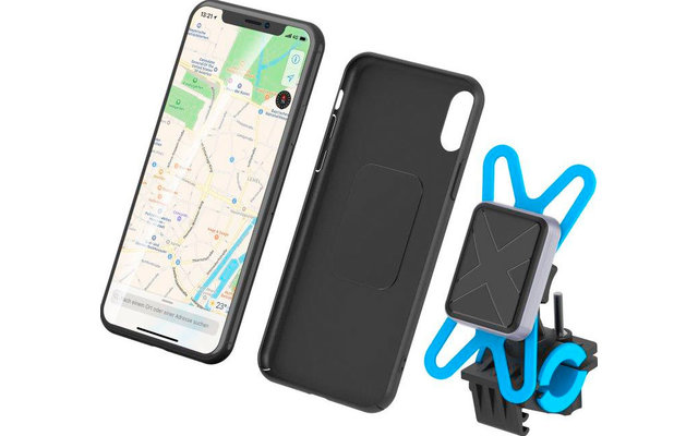 Smartphone mit geöffnetem Kartendienst neben schwarzer Schutzhülle und blauem Halteclip