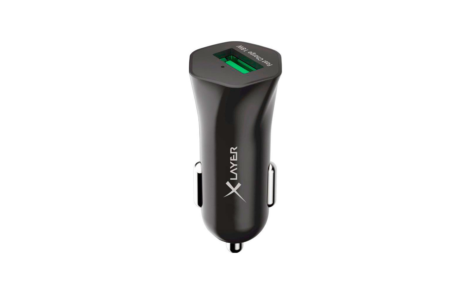 Black USB car charger with green USB port