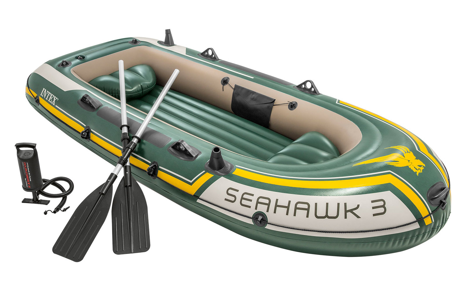 Aufblasbares grünes Boot mit zwei schwarzen Ruderpaddeln und einer Handpumpe