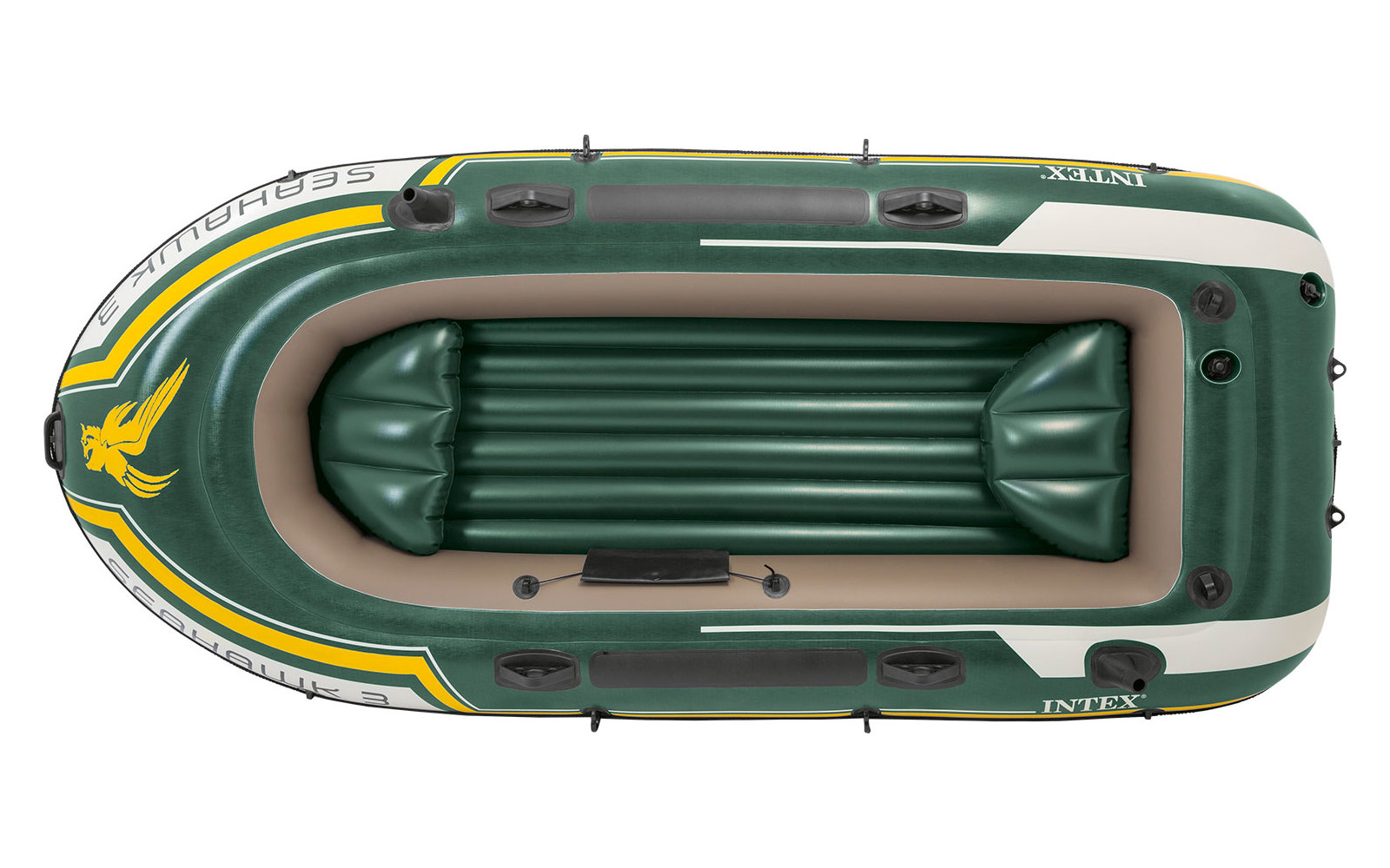 Eine grün-graue aufblasbare Rettungsinsel auf weißem Hintergrund