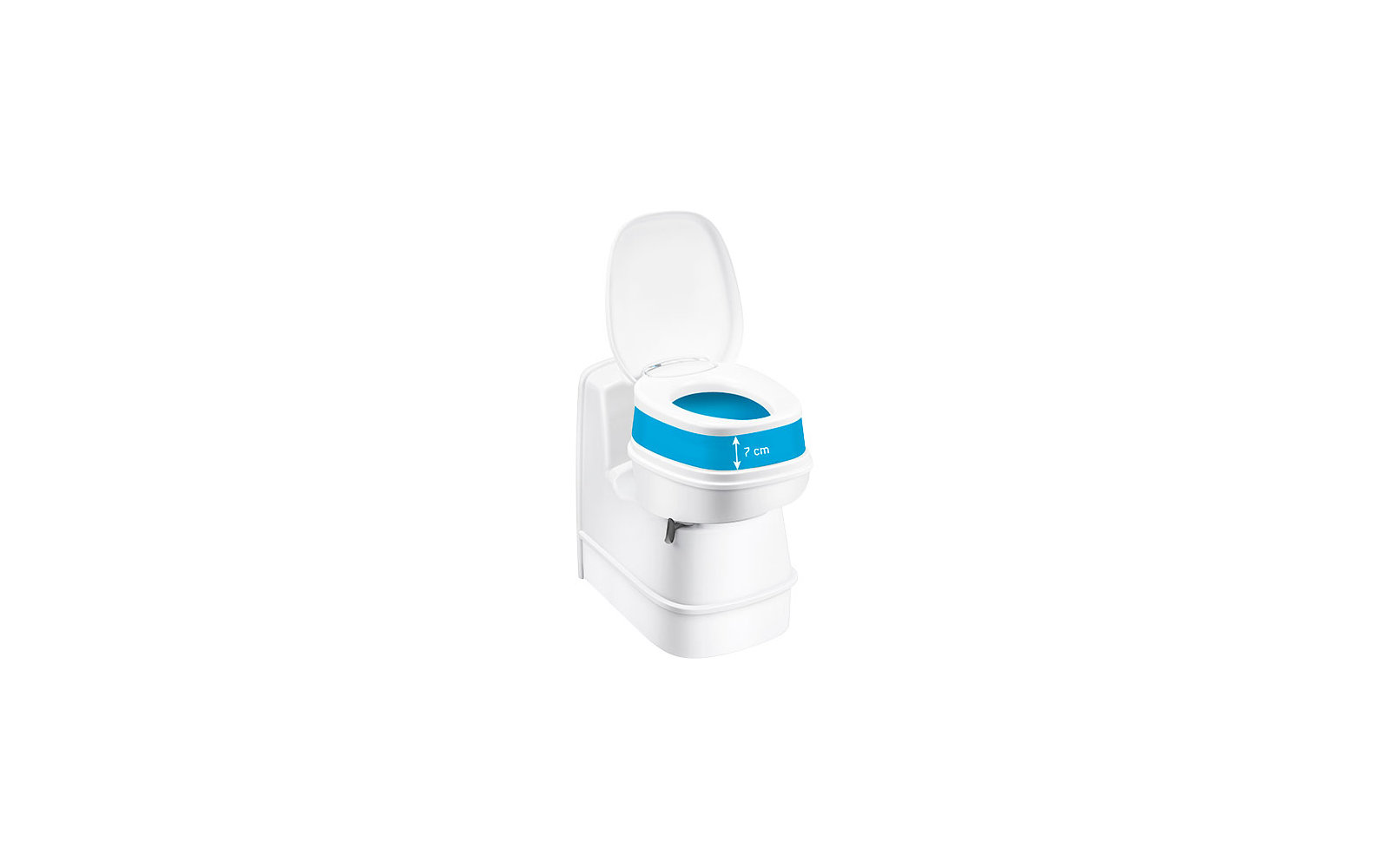 White portable camping toilet with open lid and blue rim