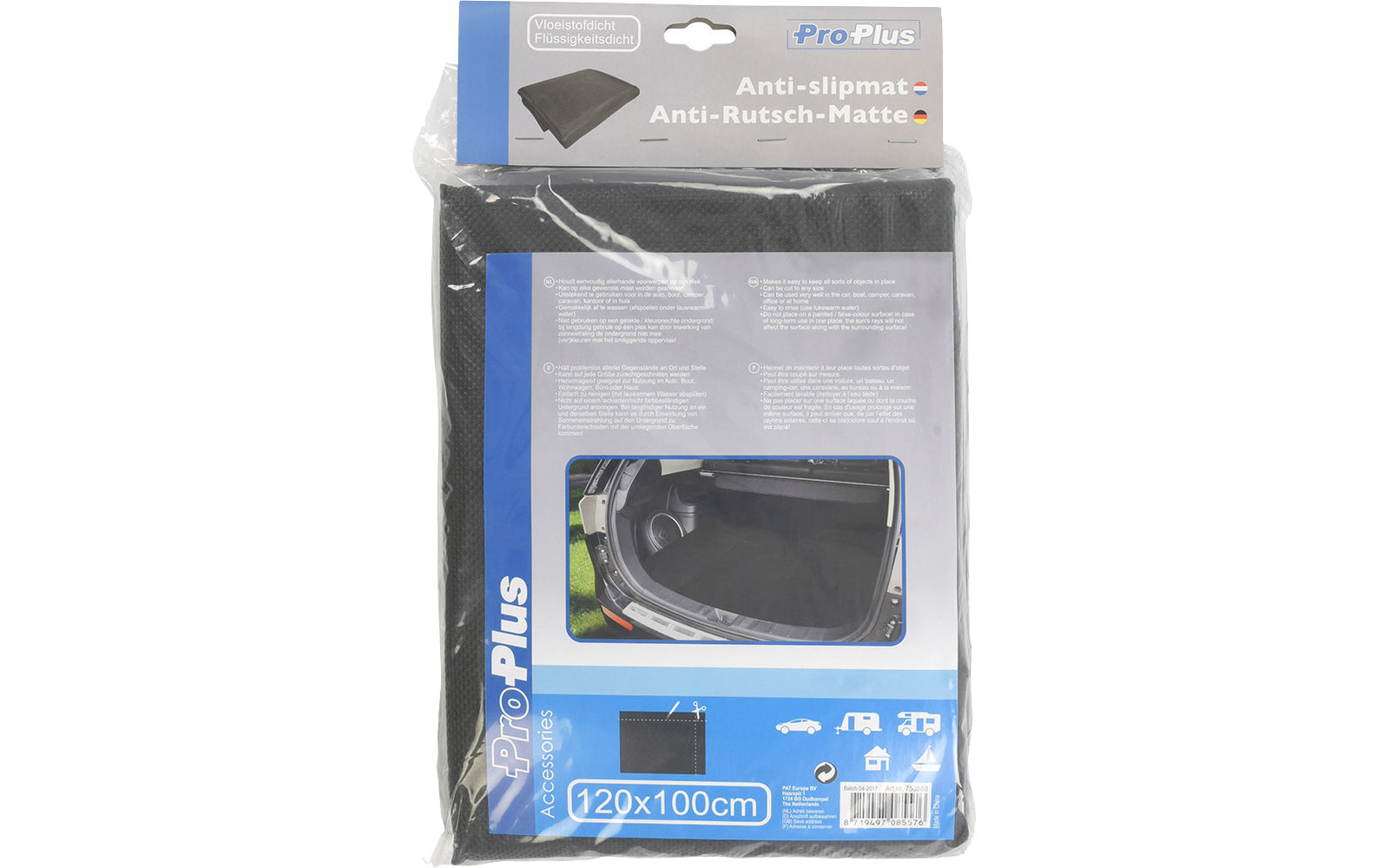 Verpackung mit einem schwarzen, rechteckigen Produkt mit blauem Rahmen und transparenter Front