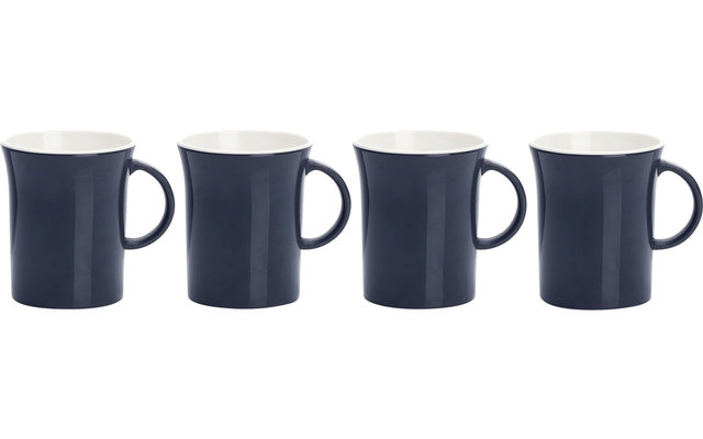 Vier dunkelblaue Kaffeetassen mit weißem Innenraum nebeneinander