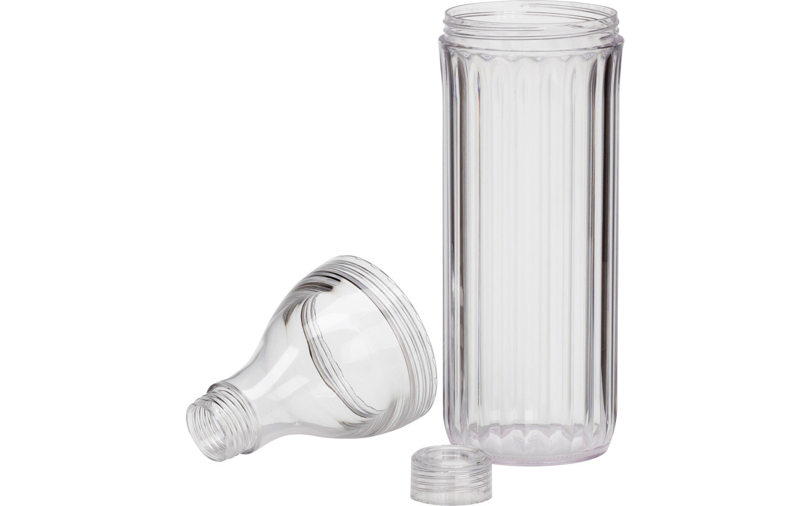 Transparenter, zylindrischer Behälter mit einem abgenommenen Deckel neben dem Behälter