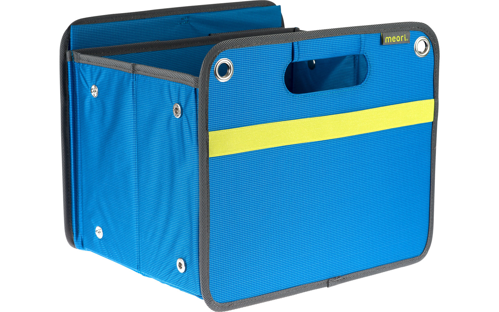 Blue and yellow foldable fabric storage box with handles