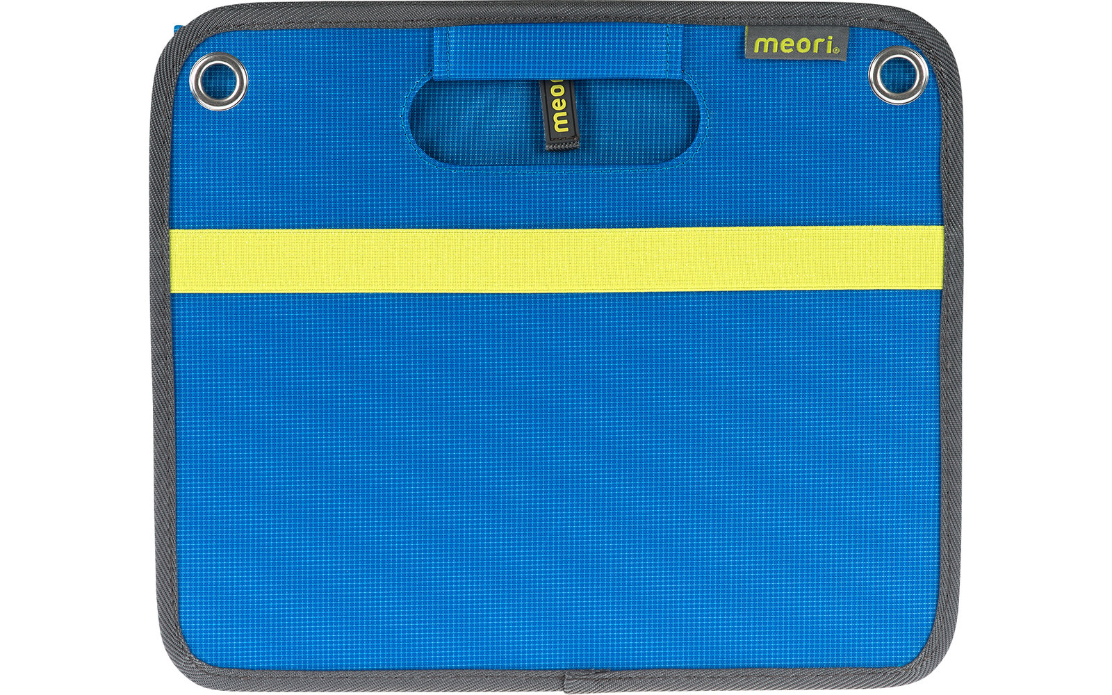 Blue tablet holder with yellow border and two cutouts at the top