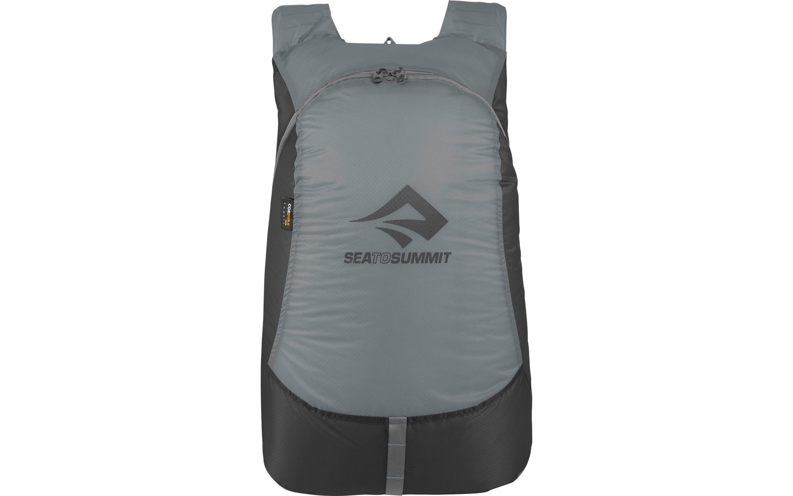 Grauer Rucksack mit schwarzem Boden und Logo in der Mitte