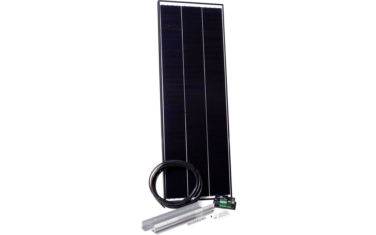 Schwarzes, schmales Solarpanel mit Kabeln und zwei Metallstäben
