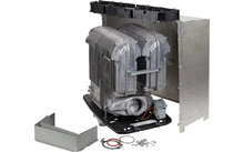 Offenes Gerät mit sichtbarem Motor und Gehäuseteilen auf einem weißen Hintergrund