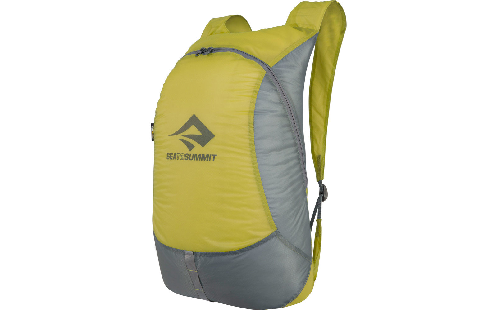 Gelber und grauer Rucksack mit einem Logo vorne