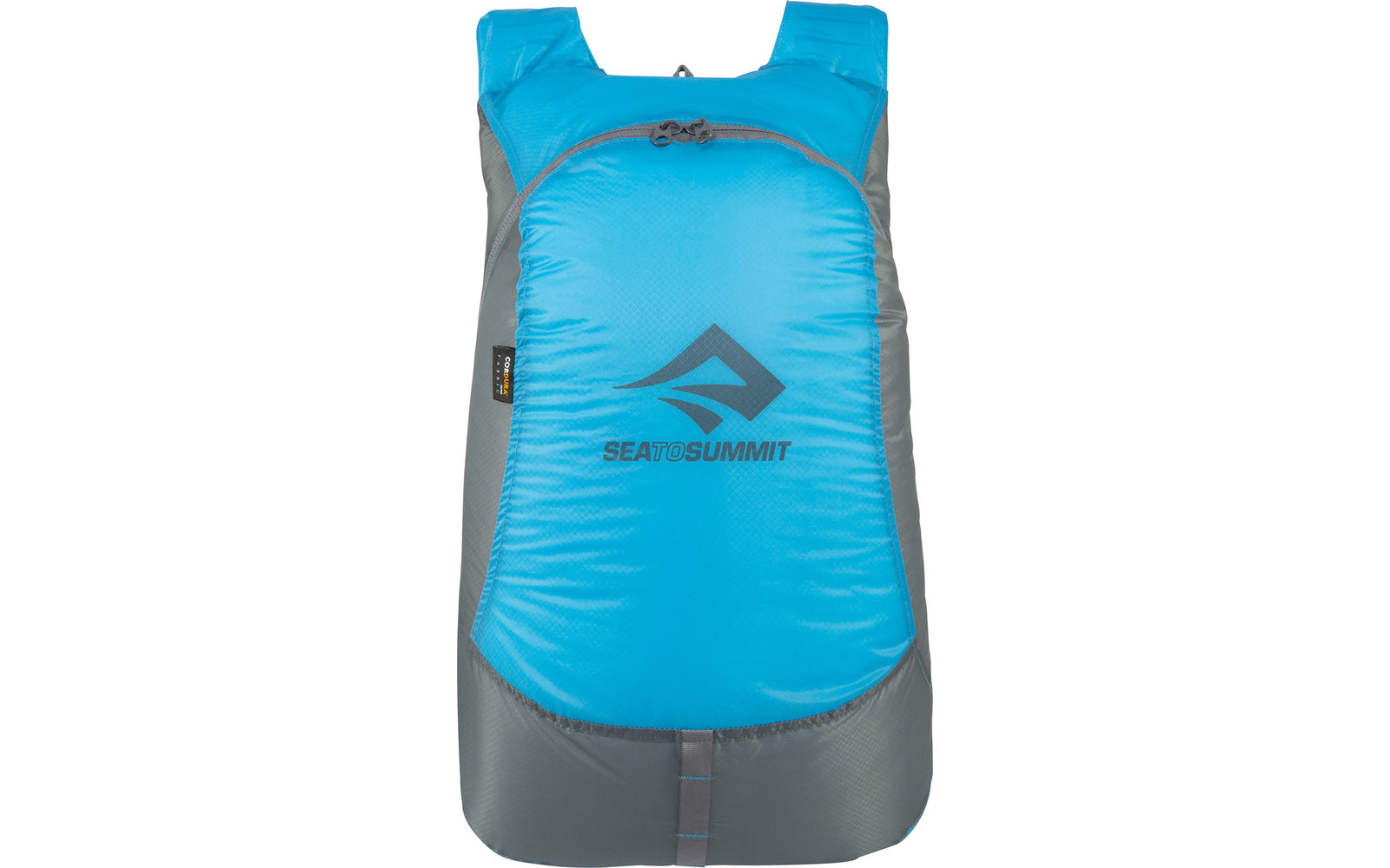 Blauer Rucksack mit grauen Details, frontal aufgenommen